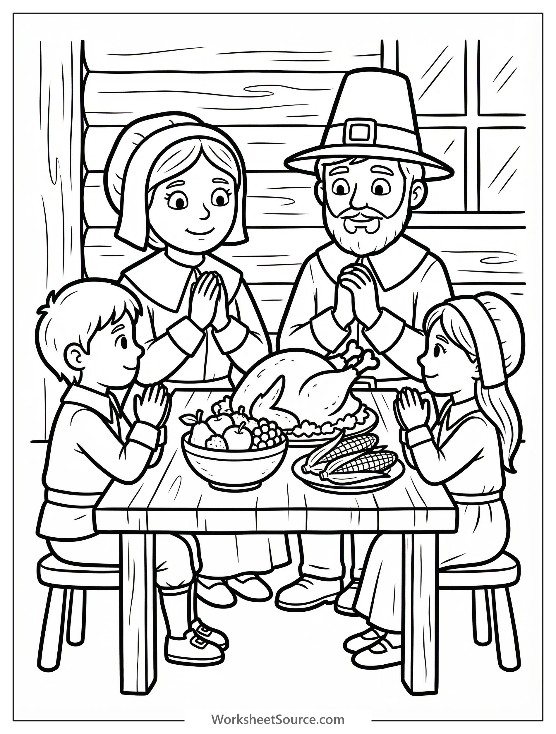 A black and white coloring page showing a pilgrim family sitting around a dinner table, hands clasped, giving thanks. Features a father, mother, and children in traditional attire.