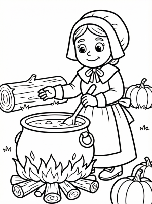 Detailed line art depicts a pilgrim woman wearing a long dress and apron, stirring a large pot over a crackling open fire, preparing a Thanksgiving meal.