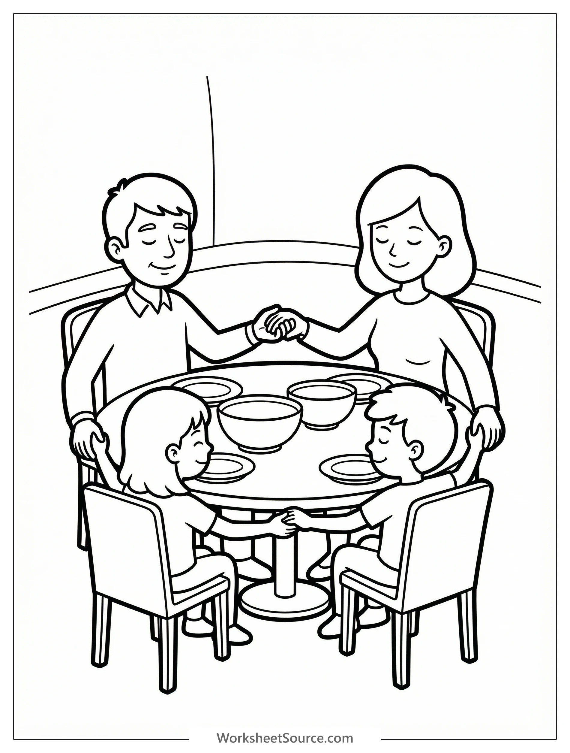 Black and white outline of a multi-generational family holding hands around a Thanksgiving dinner table, heads bowed in prayer or a moment of gratitude.