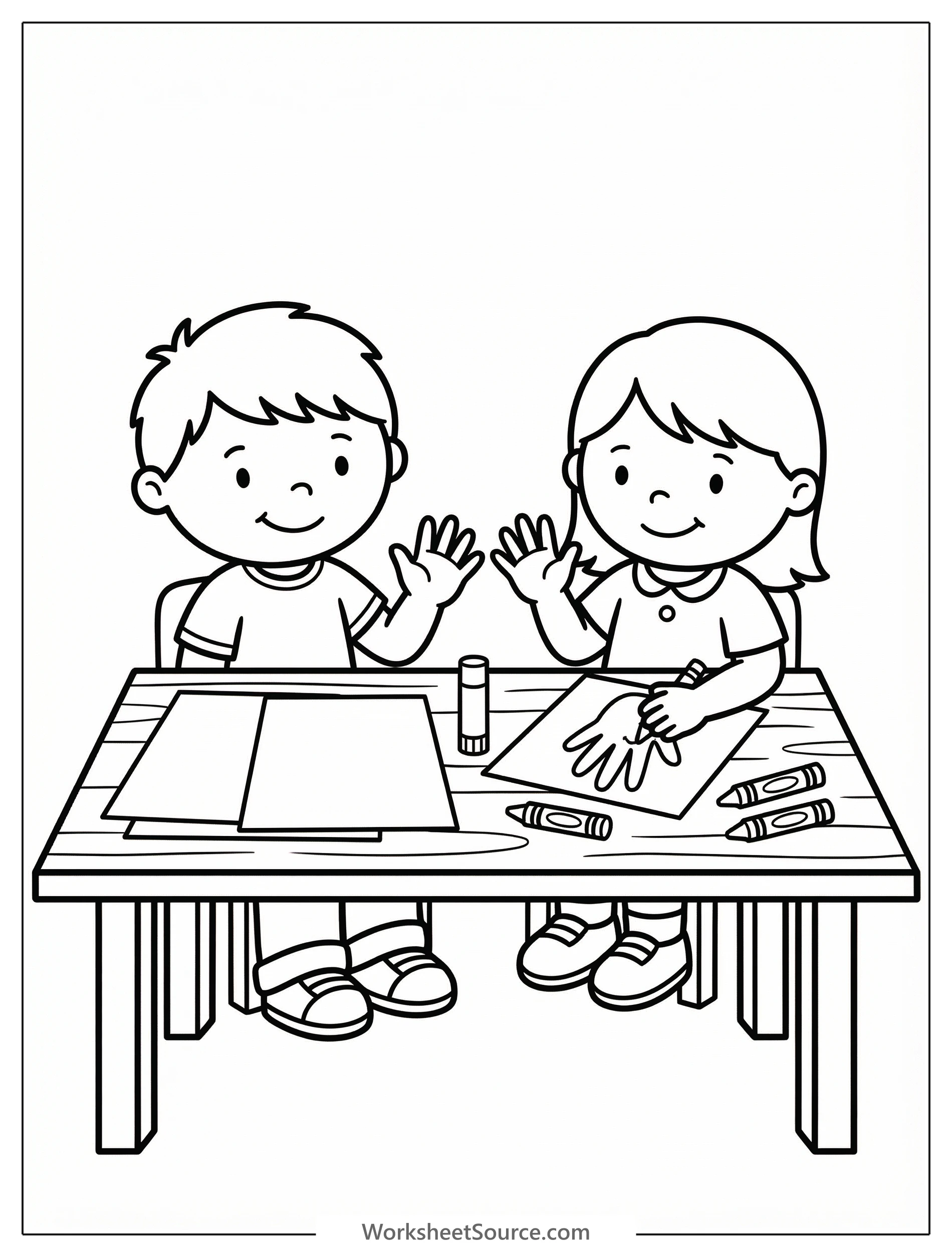 Children making hand turkey crafts at a table, surrounded by art supplies like crayons, markers, and construction paper. A joyful scene of creative holiday activity.