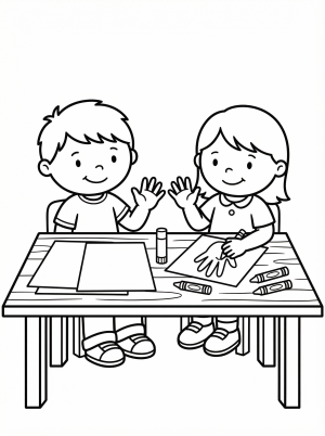 Children making hand turkey crafts at a table, surrounded by art supplies like crayons, markers, and construction paper. A joyful scene of creative holiday activity.