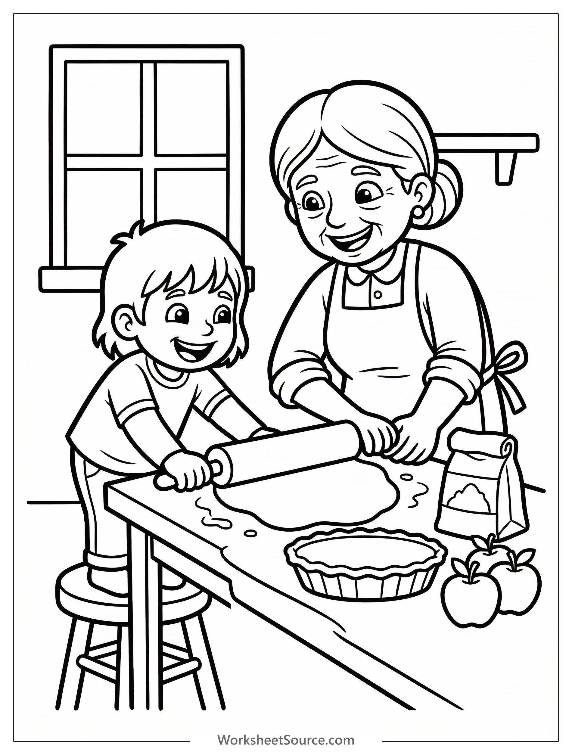 Coloring page depicting a smiling grandmother and grandchild happily rolling dough together on a kitchen counter, preparing a pie for Thanksgiving.