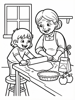 Coloring page depicting a smiling grandmother and grandchild happily rolling dough together on a kitchen counter, preparing a pie for Thanksgiving.