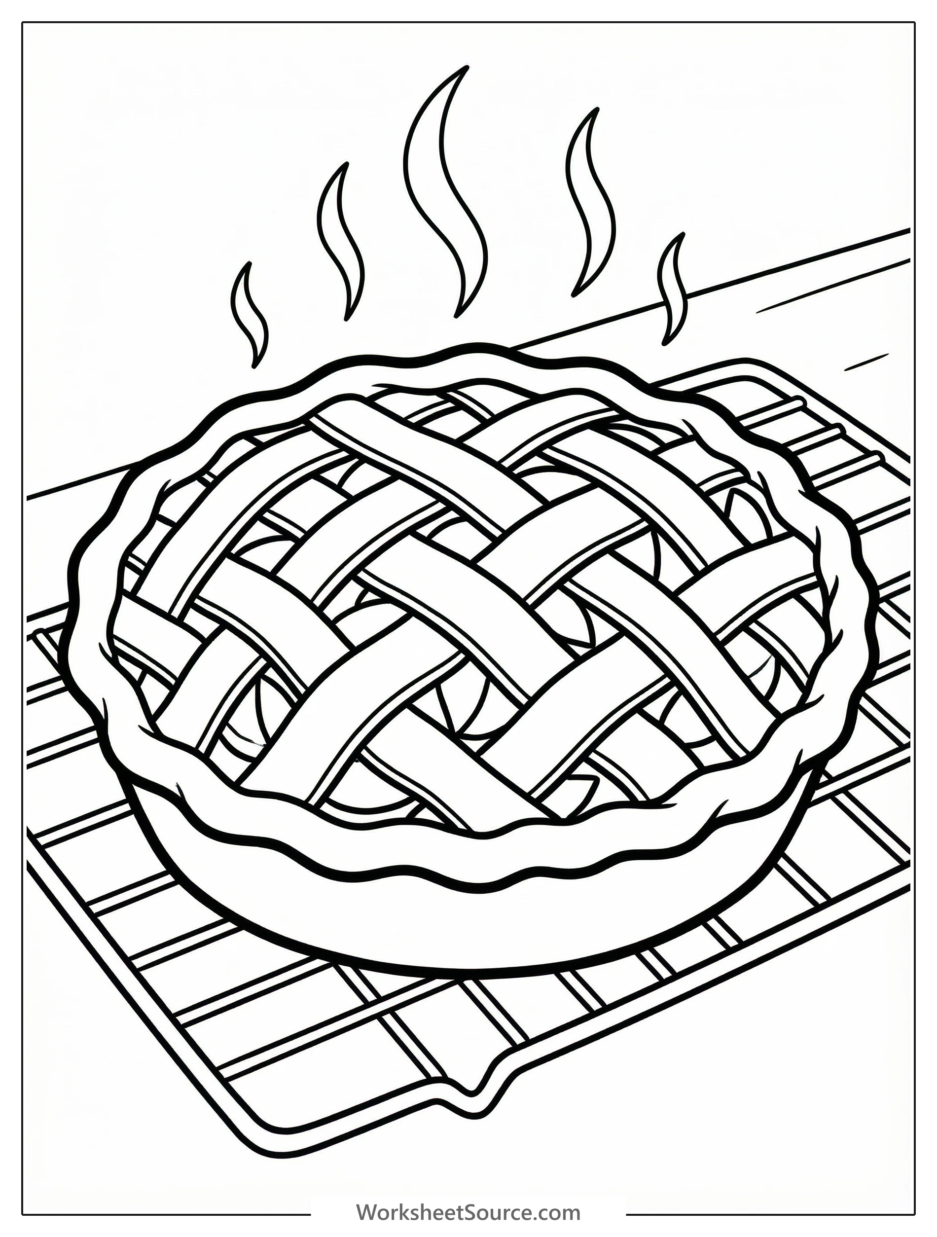 A delightful illustration of a freshly baked lattice apple pie cooling on a wire rack, with gentle steam rising, ready for coloring fun.