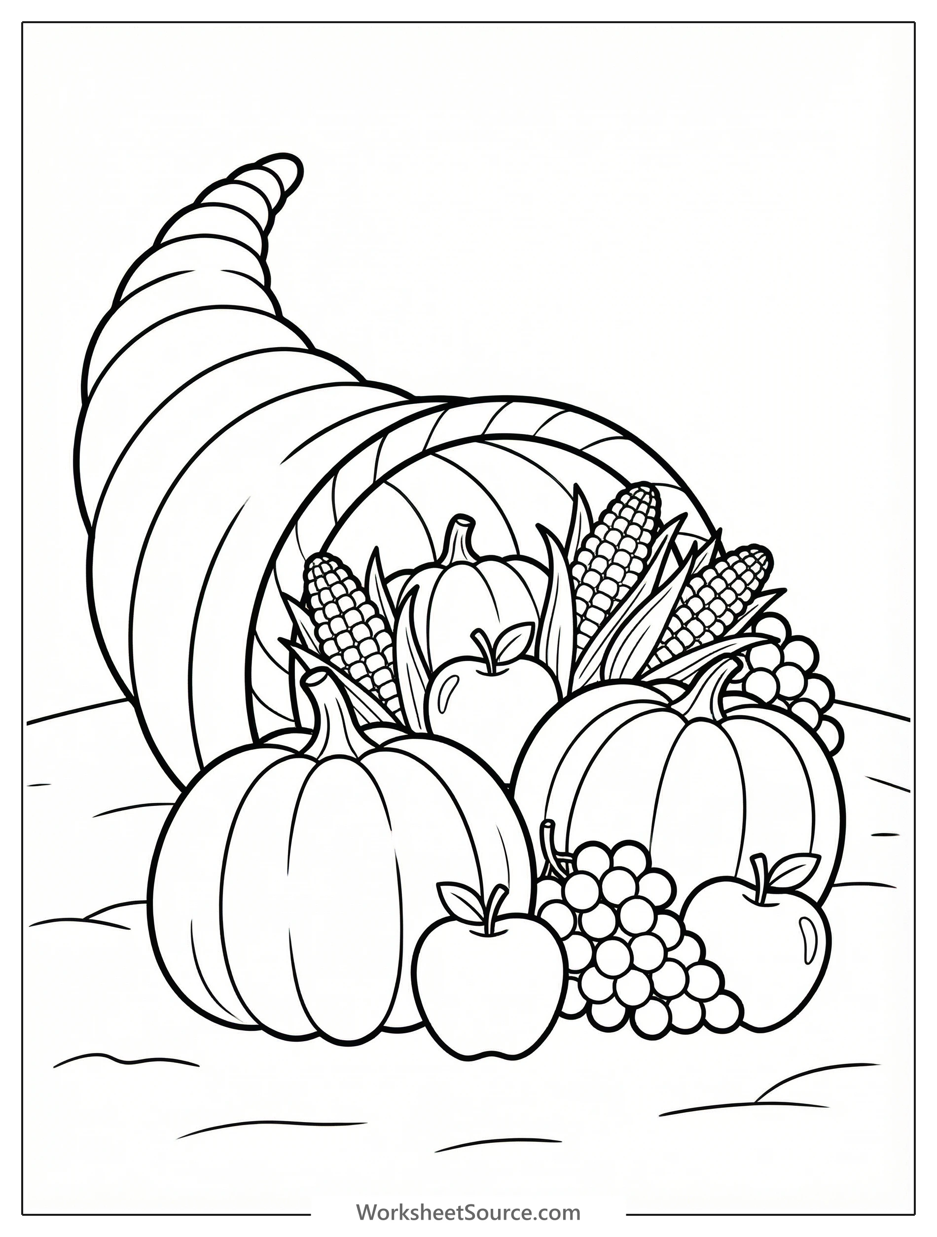 A large horn of plenty, or cornucopia, overflowing with a bountiful Thanksgiving harvest of pumpkins, crisp red apples, ripe yellow corn cobs, and bunches of purple grapes.