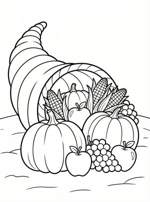 A large horn of plenty, or cornucopia, overflowing with a bountiful Thanksgiving harvest of pumpkins, crisp red apples, ripe yellow corn cobs, and bunches of purple grapes.
