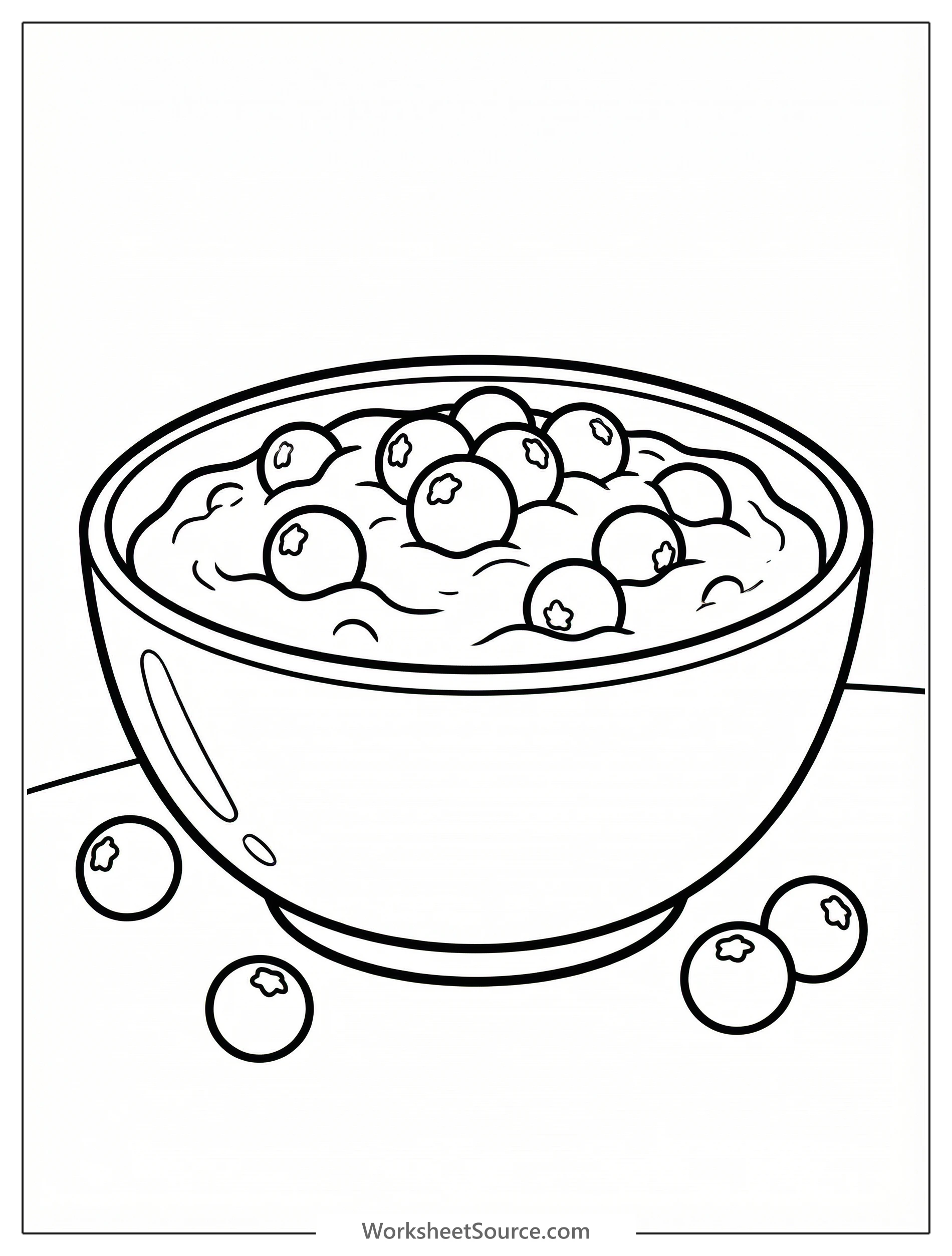 A delightful coloring page featuring a bowl of cranberry sauce with several whole cranberries scattered around it. Simple, clear lines perfect for young children.