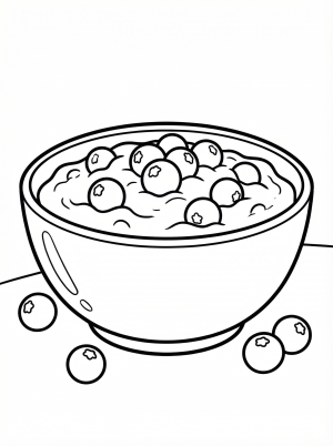 A delightful coloring page featuring a bowl of cranberry sauce with several whole cranberries scattered around it. Simple, clear lines perfect for young children.