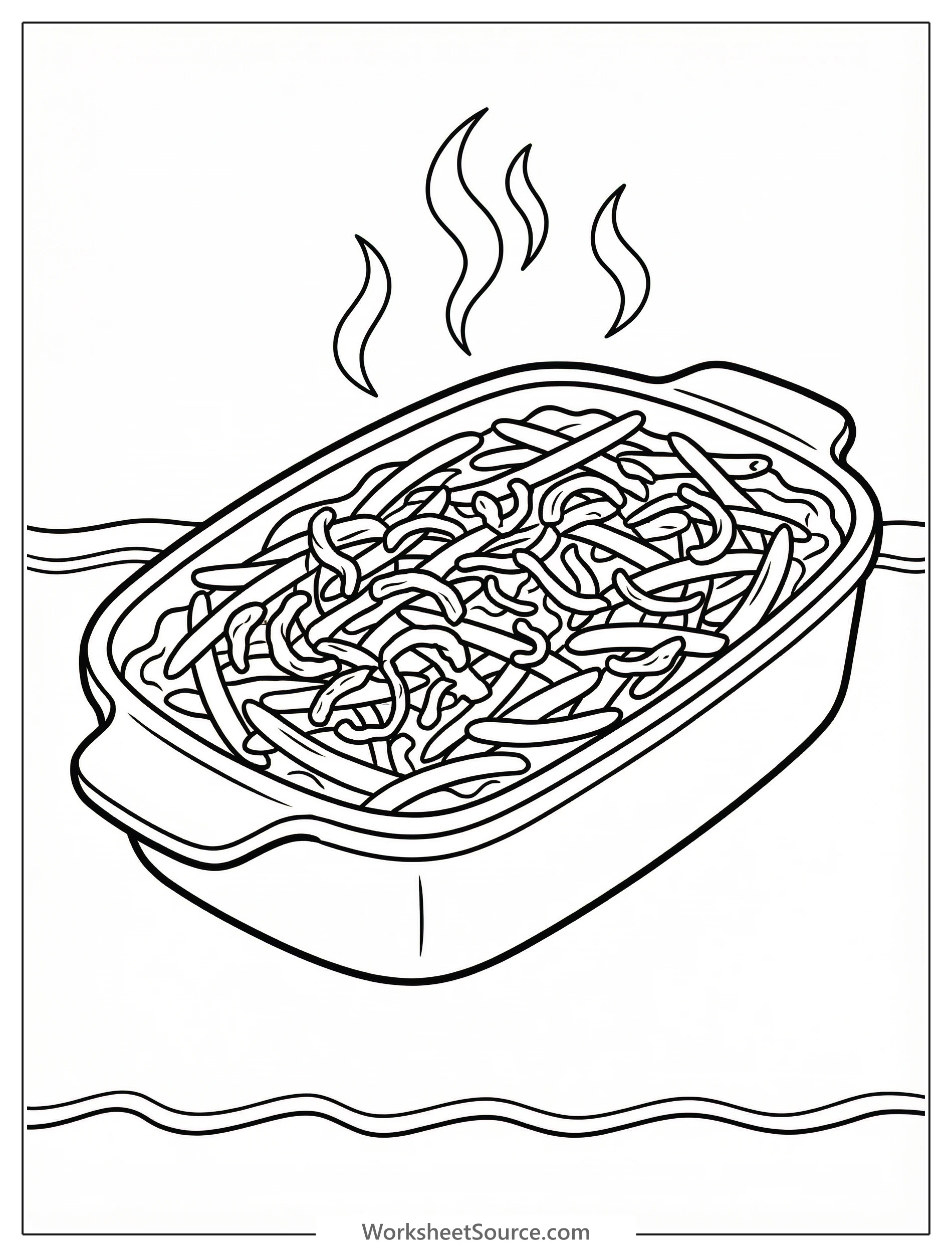 Outline drawing of a hearty green bean casserole in a rectangular baking dish, topped with a generous layer of crispy fried onions.