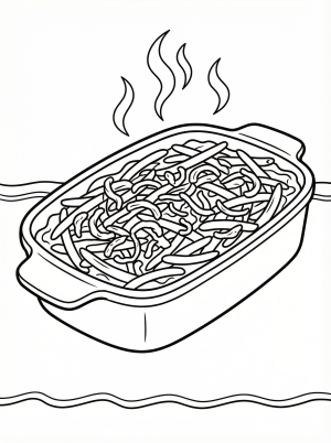 Outline drawing of a hearty green bean casserole in a rectangular baking dish, topped with a generous layer of crispy fried onions.