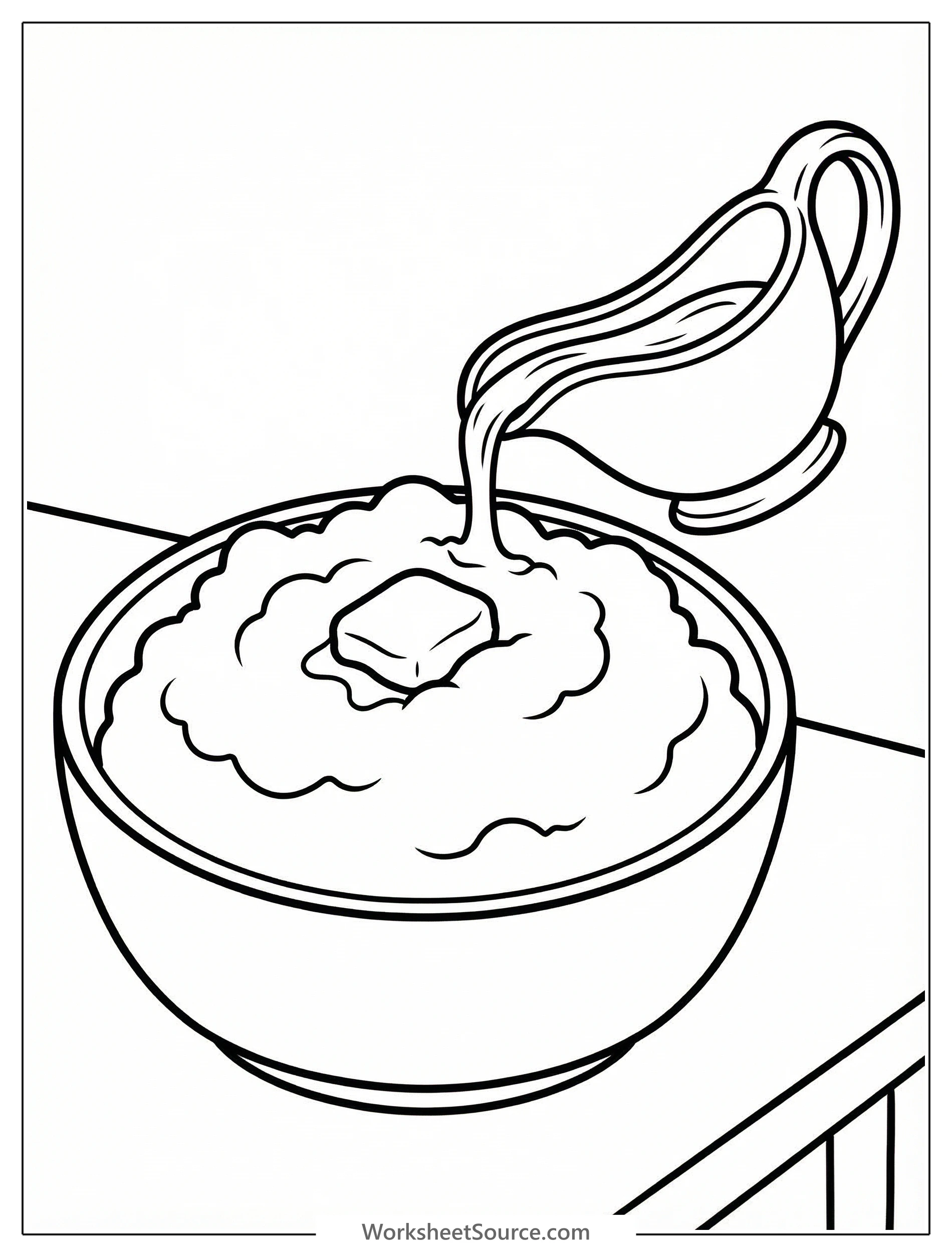 Outline drawing of a bowl filled with fluffy mashed potatoes and a gravy boat tilted, pouring rich gravy onto the potatoes, ready for coloring.