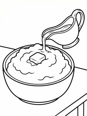 Outline drawing of a bowl filled with fluffy mashed potatoes and a gravy boat tilted, pouring rich gravy onto the potatoes, ready for coloring.