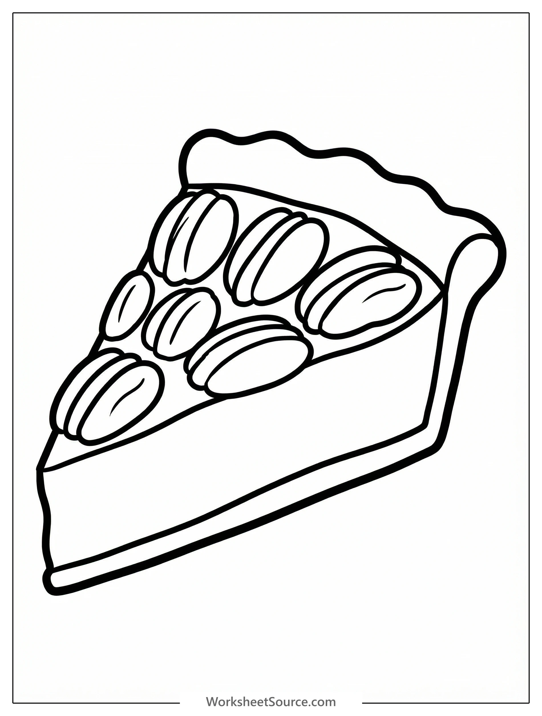 Line art illustration of a single slice of pecan pie with a flaky crust and whole pecans arranged neatly on top of the gooey filling, ready for coloring.