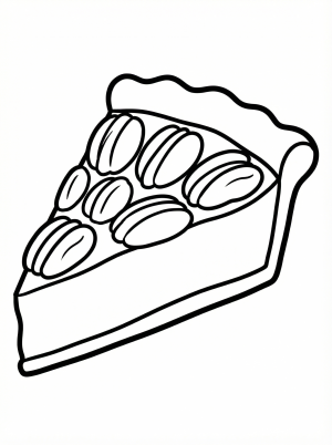 Line art illustration of a single slice of pecan pie with a flaky crust and whole pecans arranged neatly on top of the gooey filling, ready for coloring.