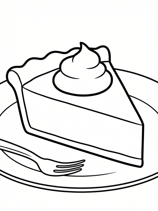 Free printable coloring page showing a pumpkin pie slice with whipped topping, perfect for kids to practice coloring and creativity