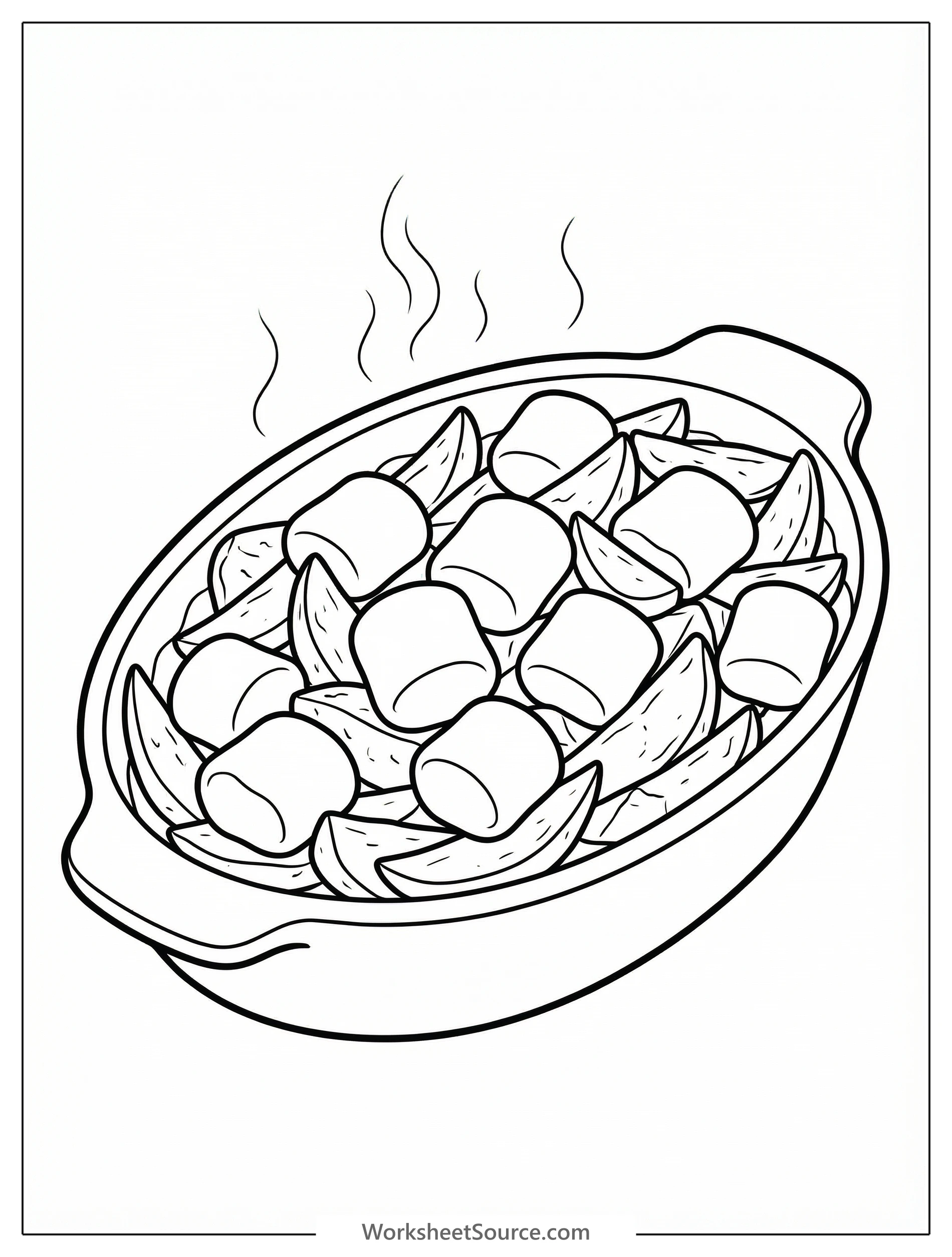 Line art of a rectangular baking dish filled with a sweet potato casserole. The top is generously covered with numerous fluffy, toasted marshmallows.