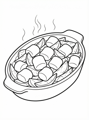 Line art of a rectangular baking dish filled with a sweet potato casserole. The top is generously covered with numerous fluffy, toasted marshmallows.