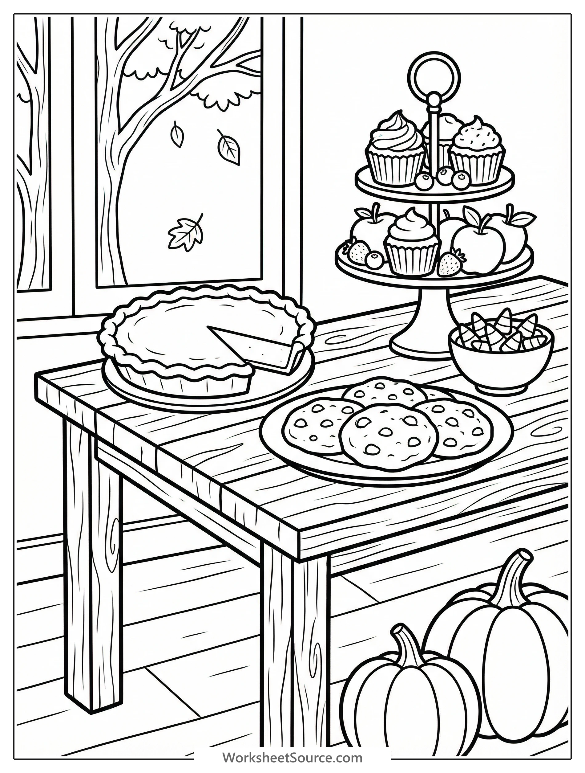 A delightful Thanksgiving dessert table coloring page featuring an abundance of pies, cookies, and other sweet holiday treats arranged invitingly on a tablecloth.