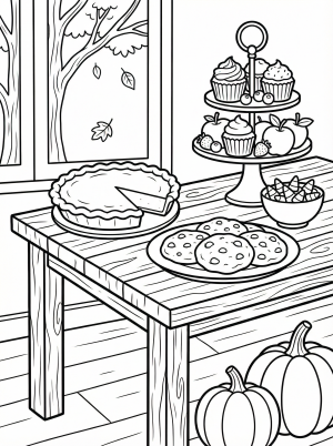 A delightful Thanksgiving dessert table coloring page featuring an abundance of pies, cookies, and other sweet holiday treats arranged invitingly on a tablecloth.