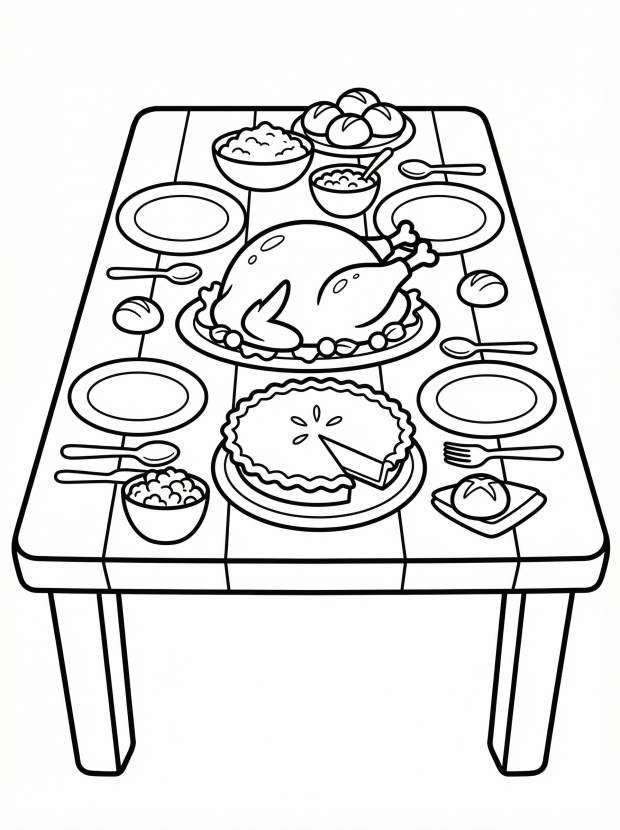 Free printable coloring page showing a Thanksgiving dinner table with turkey pie and dishes, perfect for kids to practice color and creativity
