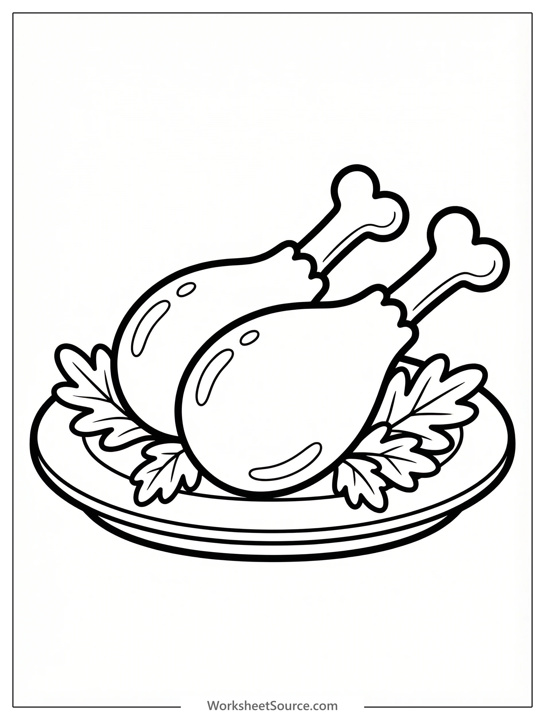 Line art of two plump roasted turkey drumsticks arranged on a decorative serving platter, garnished with small leaves and berries, ready for a Thanksgiving feast.