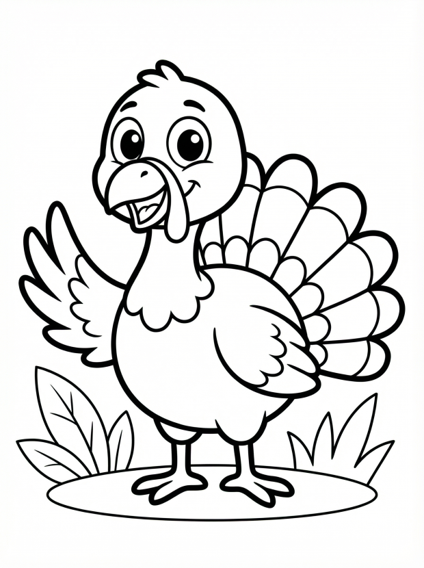 Free printable coloring page showing a cartoon turkey waving, perfect for kids to practice coloring and creativity