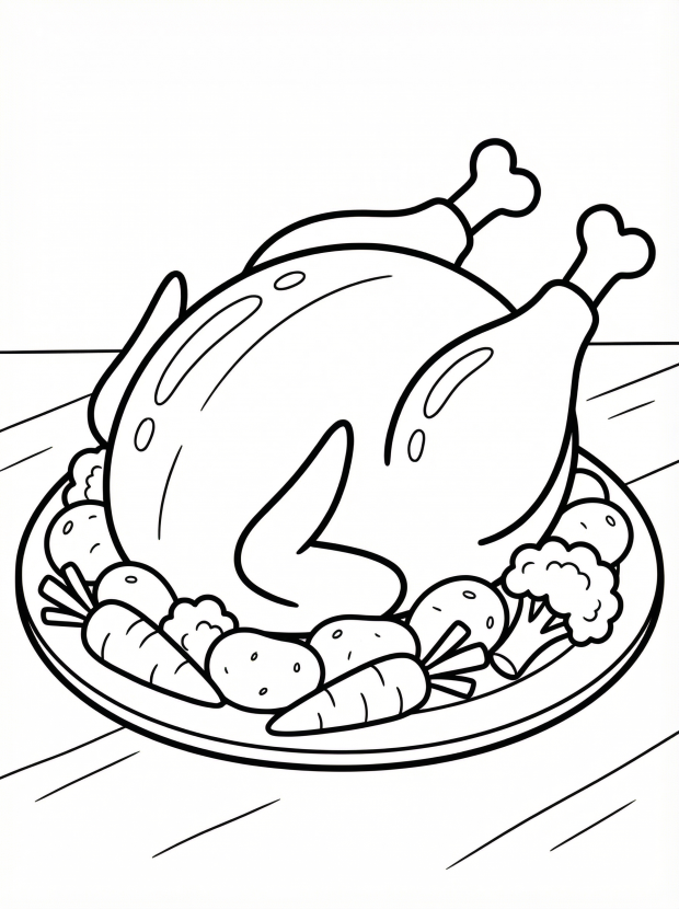 Free printable coloring page showing a Thanksgiving turkey dinner plate with vegetables, perfect for kids to practice fine motor skills and creativity