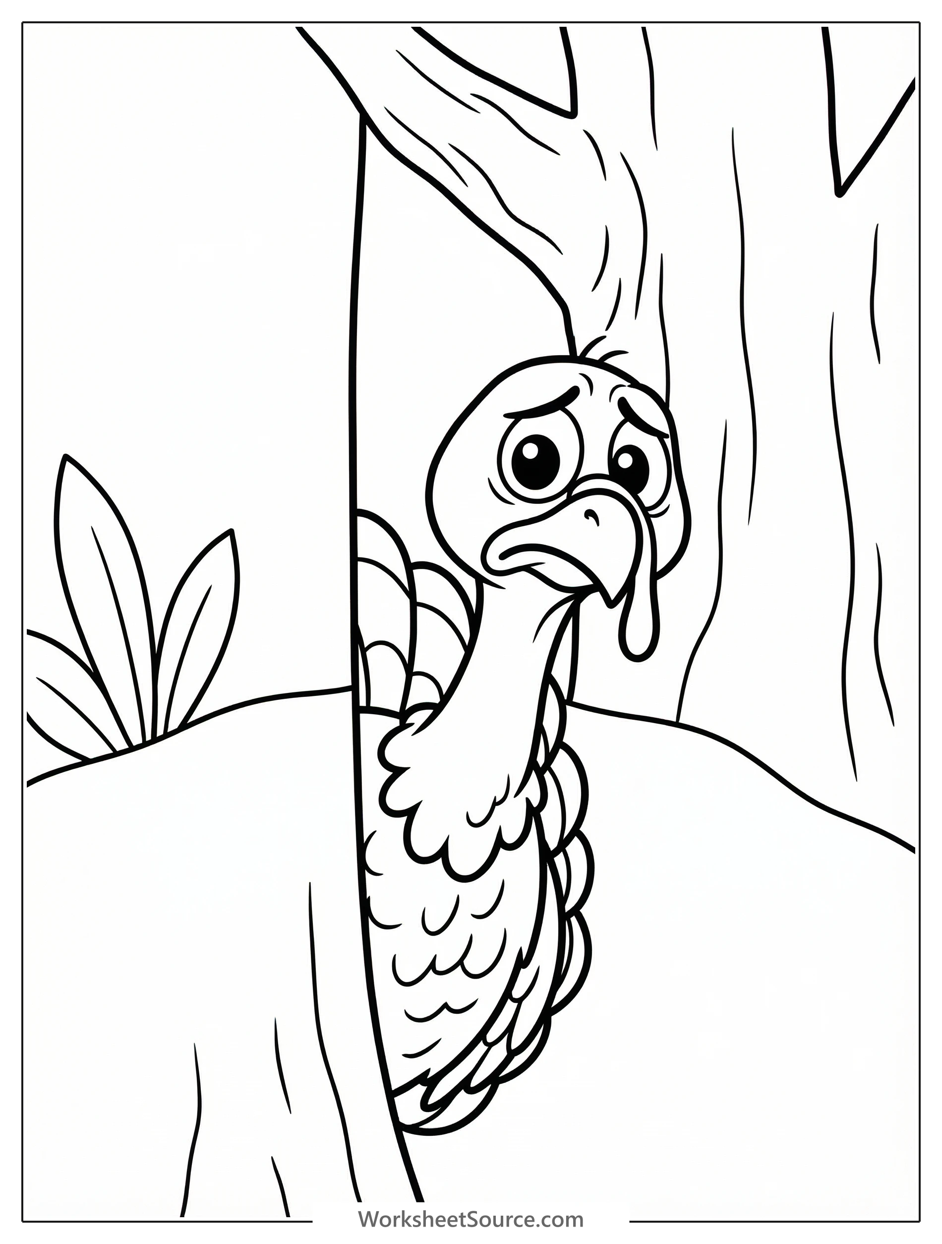 A brown turkey with green and red wattle peeks cautiously from behind a tall, textured tree trunk, its eyes wide with a worried expression.
