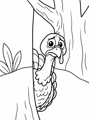 A brown turkey with green and red wattle peeks cautiously from behind a tall, textured tree trunk, its eyes wide with a worried expression.