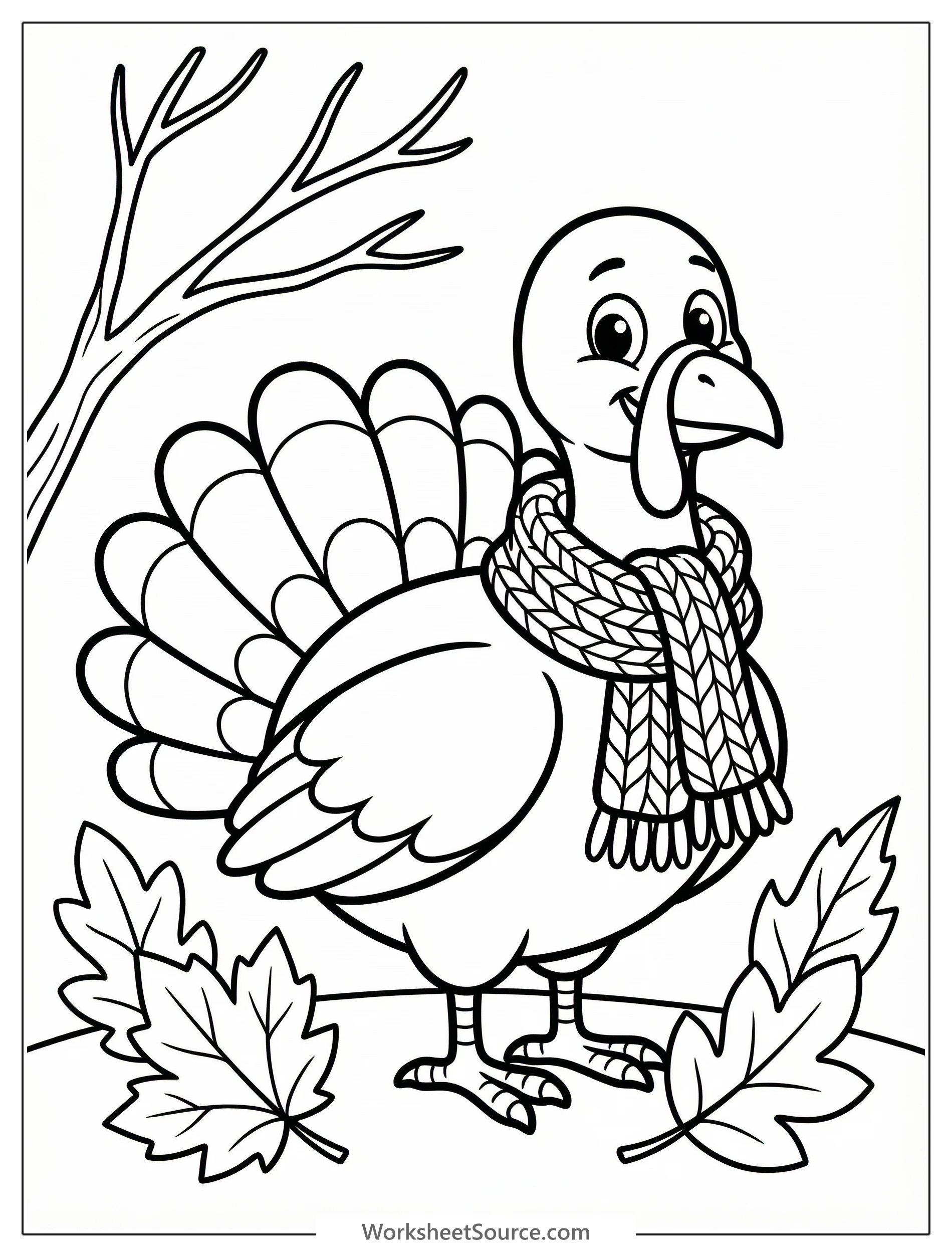 Outline illustration of a cartoon turkey with a friendly expression, wearing a chunky knitted scarf, standing in an autumn field with falling leaves.