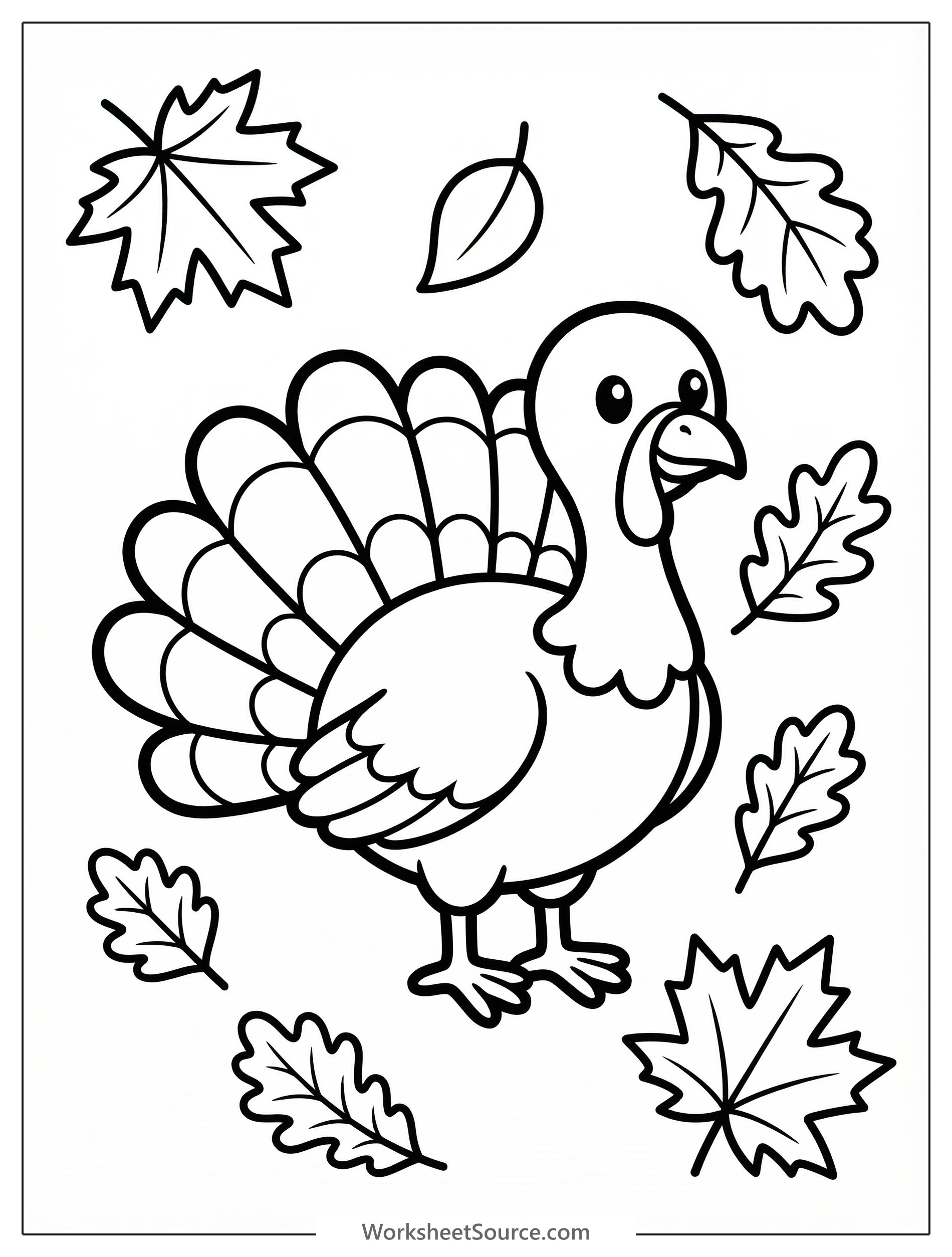 An outline drawing of a friendly turkey standing amidst numerous falling maple and oak leaves, ready for coloring. Perfect for autumn and Thanksgiving themes.