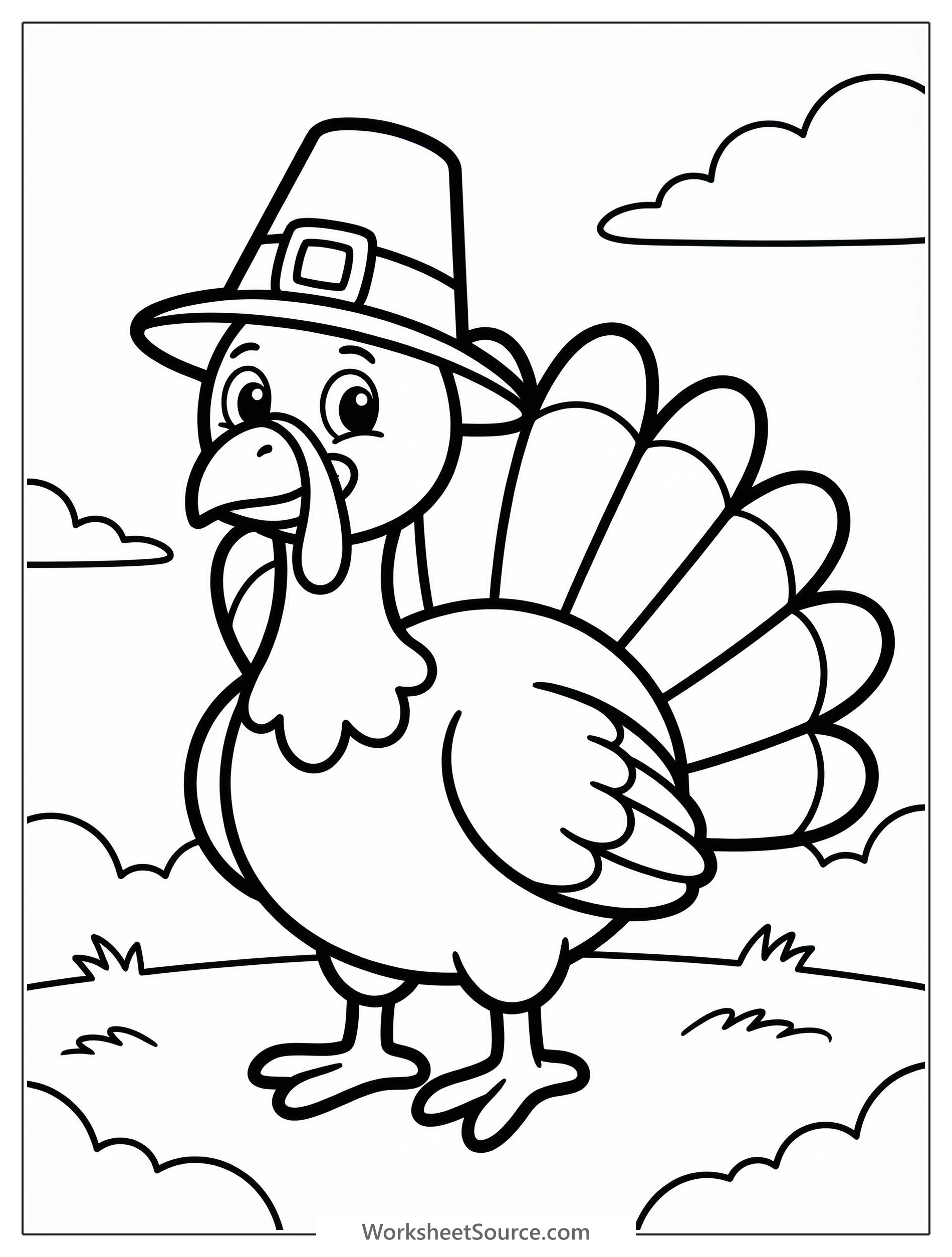 A delightful cartoon turkey coloring page, standing upright and wearing a classic pilgrim hat with a buckle. Perfect for Thanksgiving celebrations.