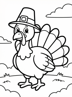 A delightful cartoon turkey coloring page, standing upright and wearing a classic pilgrim hat with a buckle. Perfect for Thanksgiving celebrations.