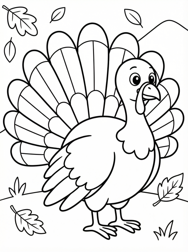 Turkey With Tail Feathers coloring page for kids - black and white line art ready to print and color