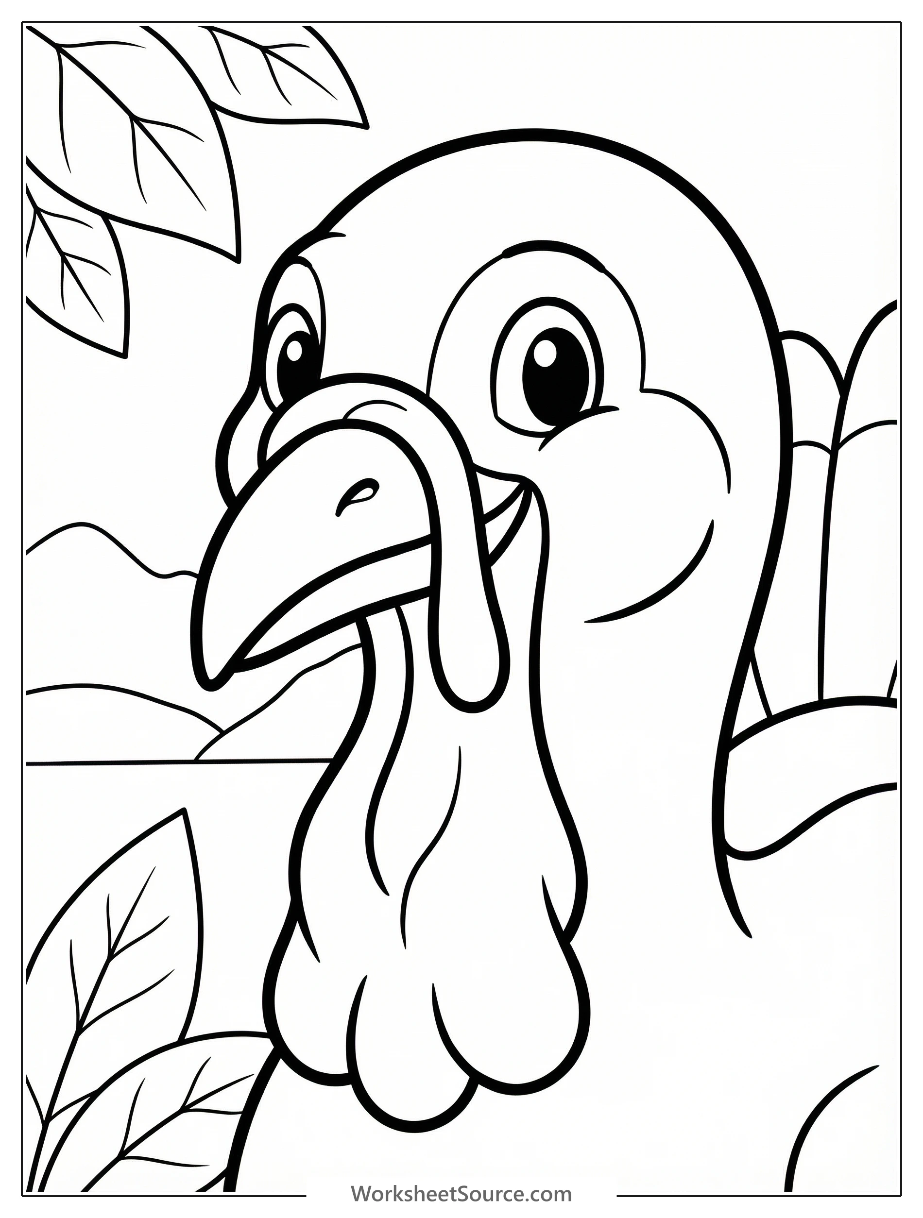 Detailed black and white line art of a wild turkey head, featuring prominent wattle and snood for coloring. Ideal for educational activities.