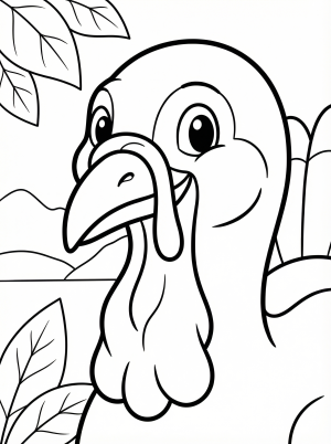 Detailed black and white line art of a wild turkey head, featuring prominent wattle and snood for coloring. Ideal for educational activities.