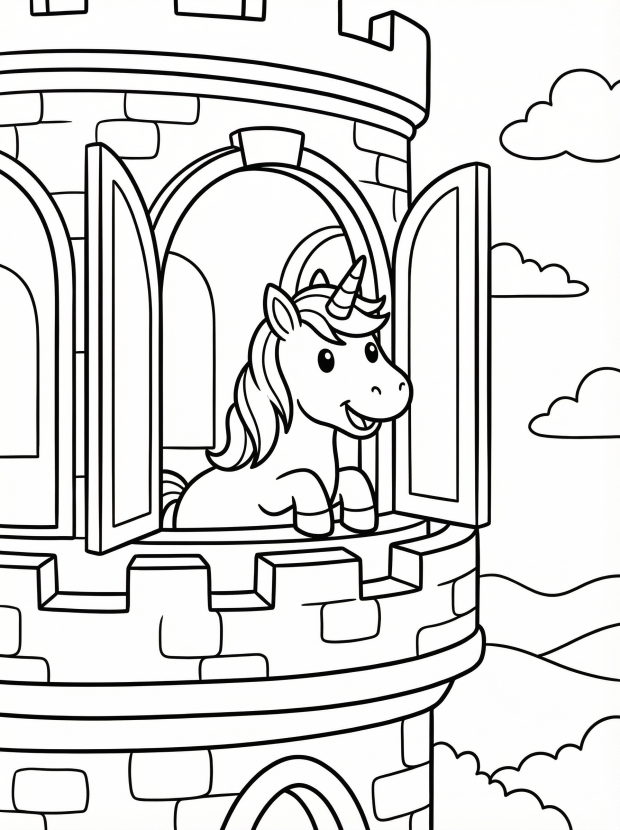 Free printable coloring page showing a unicorn peeking from a castle balcony, perfect for kids to practice coloring and imaginative play