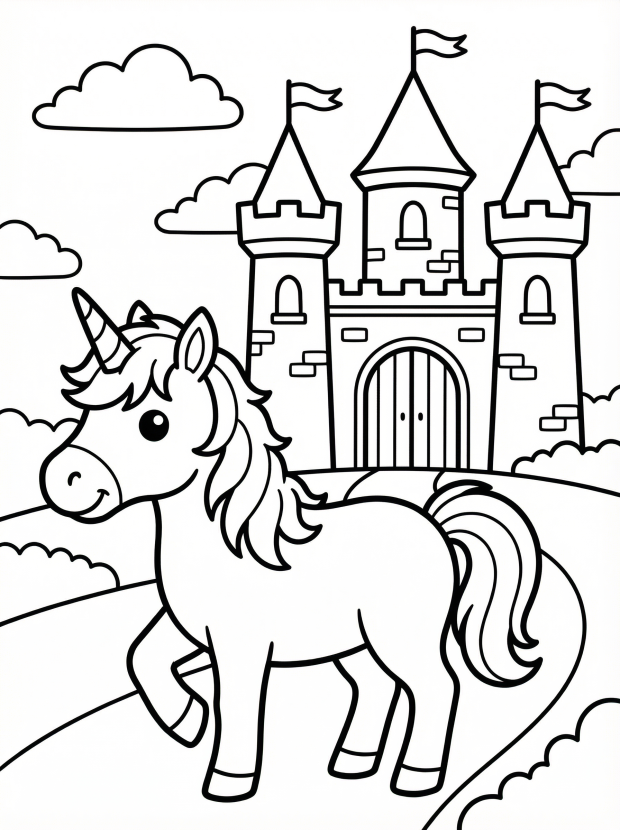 Free printable coloring page showing a unicorn in front of castle towers, perfect for kids to practice fine motor skills and creativity