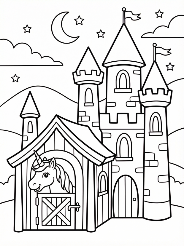 Free printable coloring page showing a castle with a unicorn stable, perfect for kids to practice coloring and spark imagination