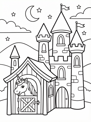 Free printable coloring page showing a castle with a unicorn stable, perfect for kids to practice coloring and spark imagination