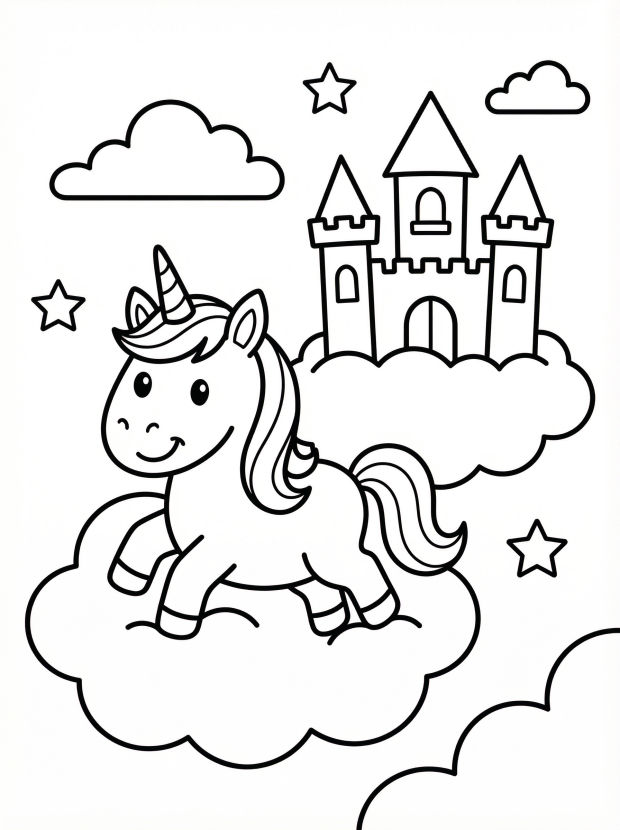 Free printable coloring page showing a unicorn on clouds with a castle in the sky, perfect for kids to practice creativity and fine motor skills