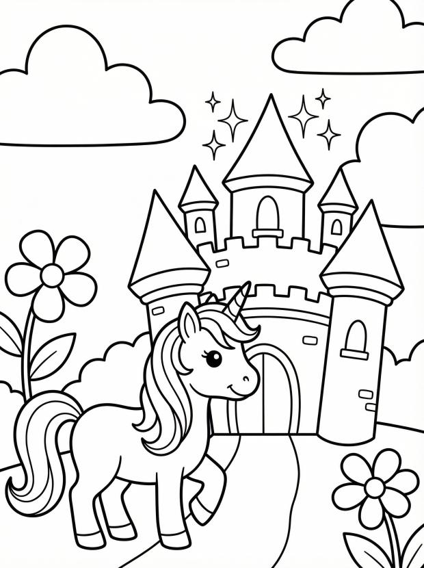 Free printable coloring page showing an enchanted castle and unicorn, perfect for kids to practice coloring skills and creativity