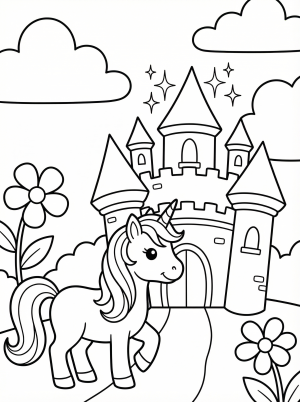Enchanted Castle and Unicorn coloring page