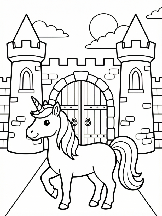 Free printable coloring page showing a unicorn standing in front of castle gates, perfect for kids to practice coloring and fine motor skills