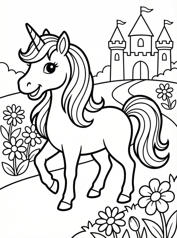 Free printable coloring page showing a unicorn in a castle garden, perfect for kids to practice coloring and build creativity