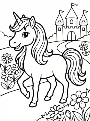 Free printable coloring page showing a unicorn in a castle garden, perfect for kids to practice coloring and build creativity
