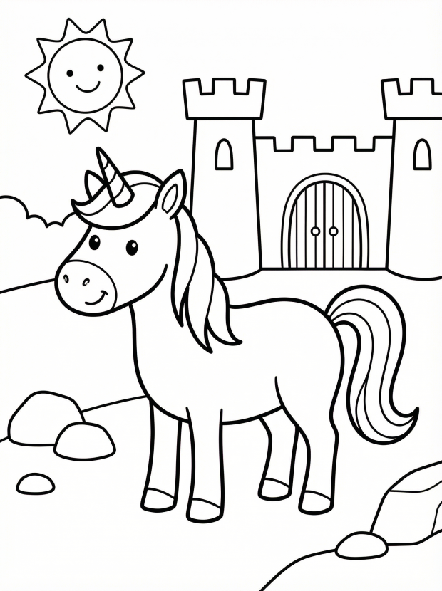 Free printable coloring page showing a unicorn in a royal courtyard with a castle, perfect for kids to practice coloring and imagination
