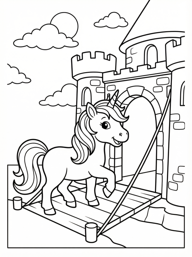 Free printable coloring page showing a unicorn on a castle bridge, perfect for kids to practice creativity and fine motor control