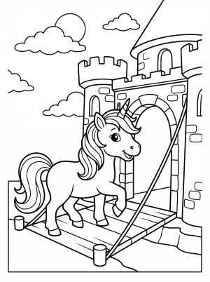 Free printable coloring page showing a unicorn on a castle bridge, perfect for kids to practice creativity and fine motor control