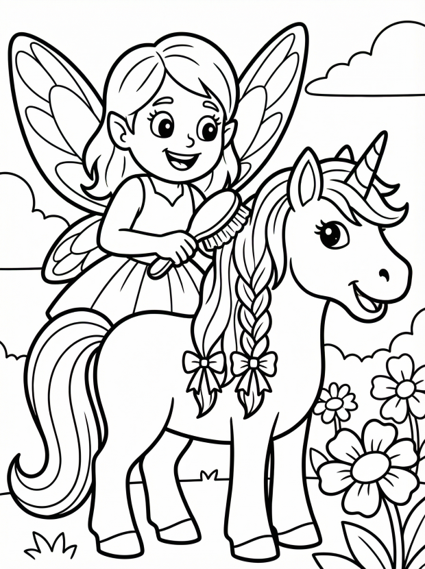 Free printable coloring page showing a fairy brushing a unicorn mane, perfect for kids to practice creativity and fine motor skills